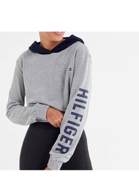 Tommy Hilfiger Gray & Navy Logo Hooded Cropped Sweatshirt